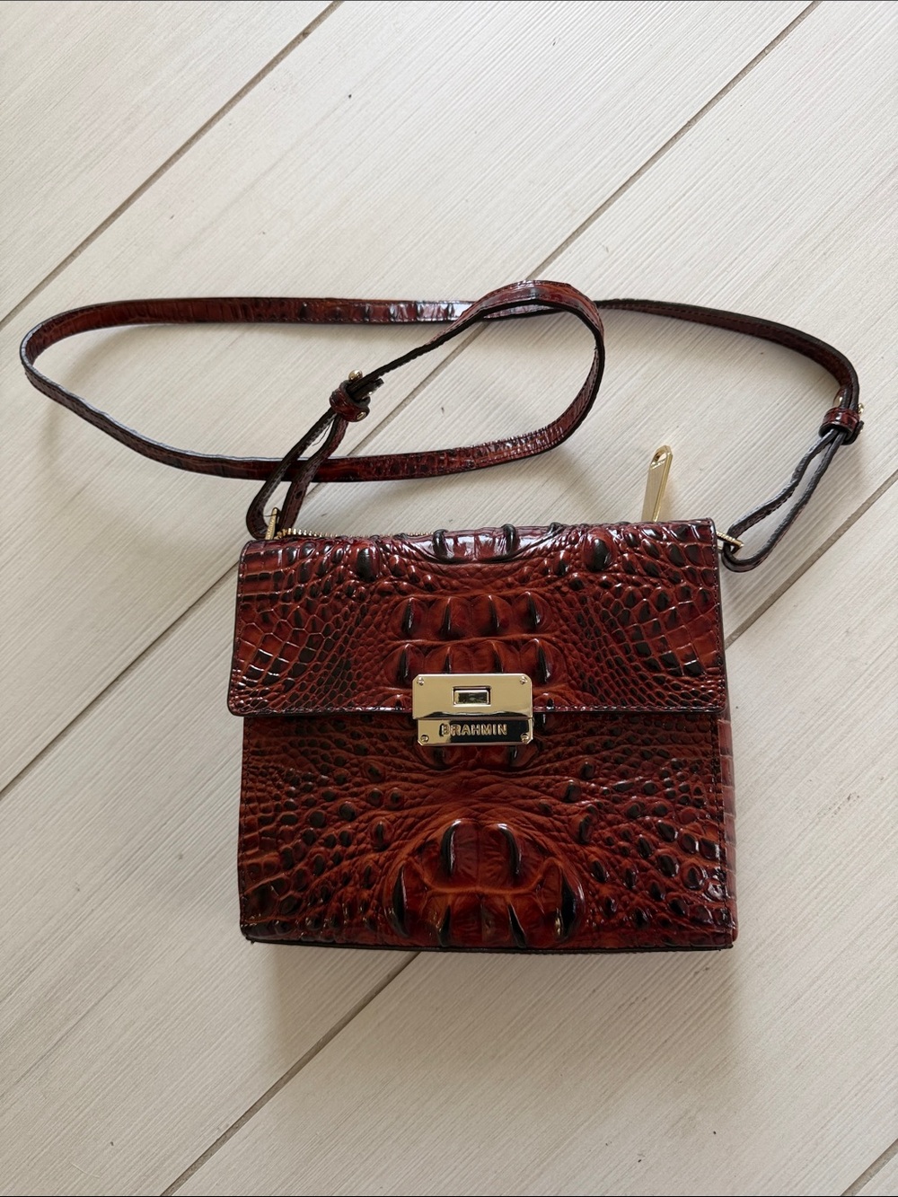 Brahmin Croc-Embossed Crossbody in Deep Chestnut Brown with Gold Hardware